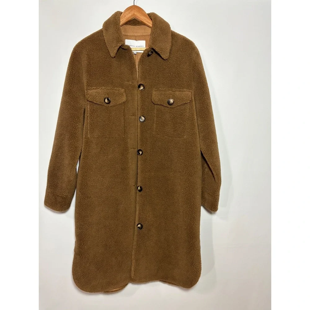 Rebecca Minkoff Shacket Womens L Brown Sherpa Long Teddy Coat Faux Suede Lining - Picture 1 of 11
